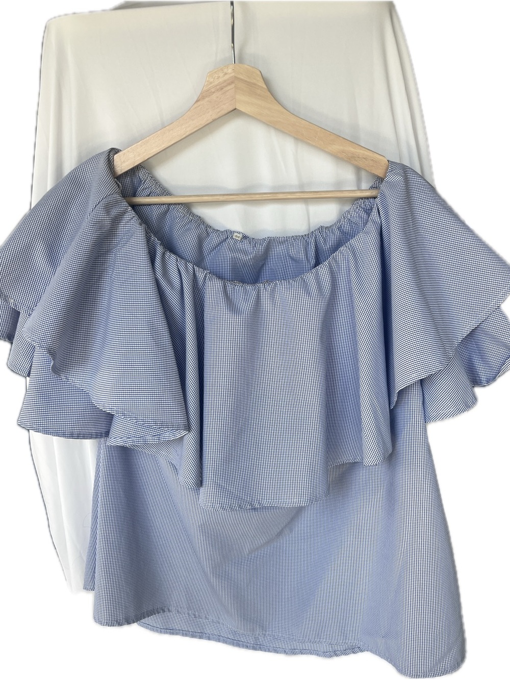 Light Blue Gingham Off-the-Shoulder Ruffle Blouse